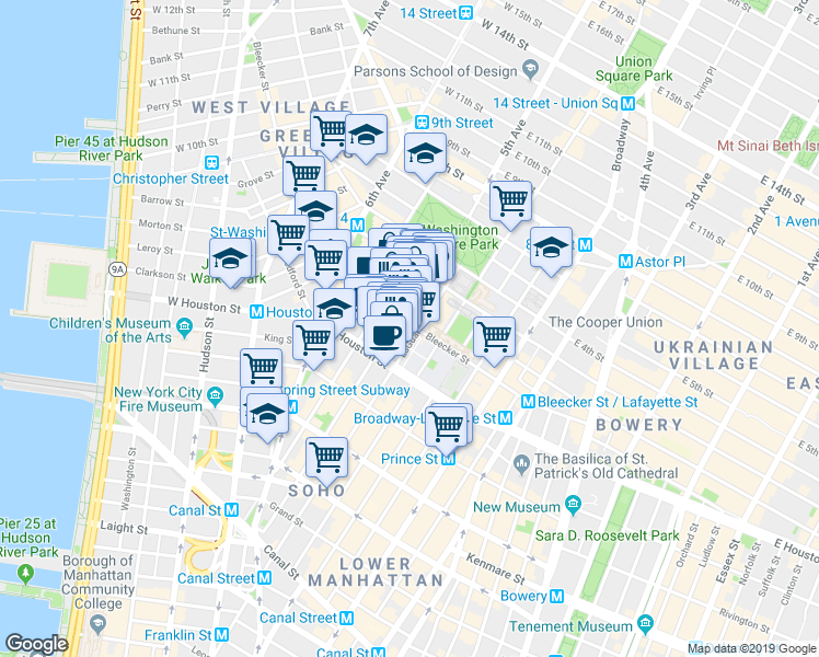 map of restaurants, bars, coffee shops, grocery stores, and more near 145 Bleecker Street in New York
