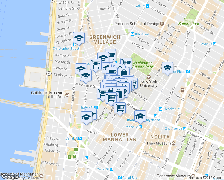 map of restaurants, bars, coffee shops, grocery stores, and more near 171 Sullivan Street in New York