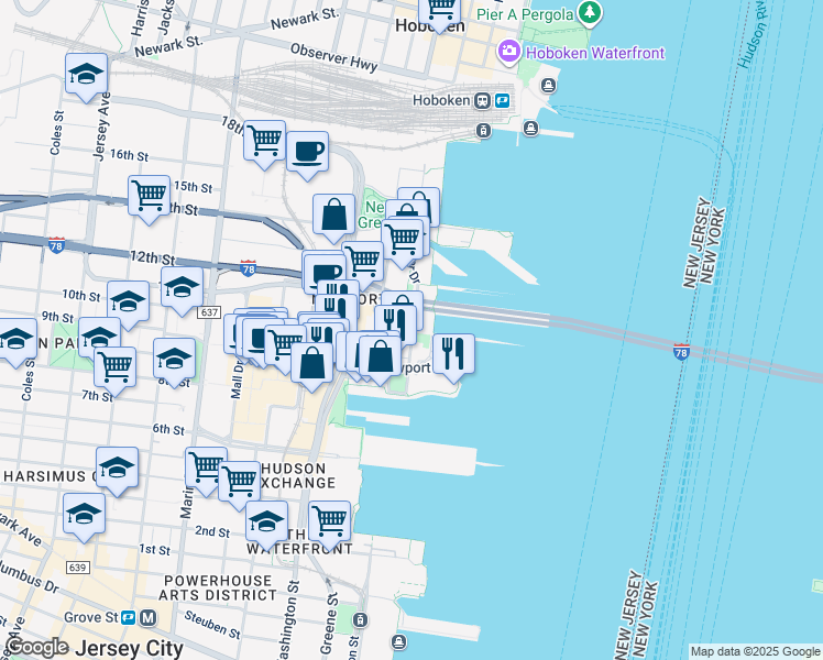 map of restaurants, bars, coffee shops, grocery stores, and more near 35 River Drive South in Jersey City