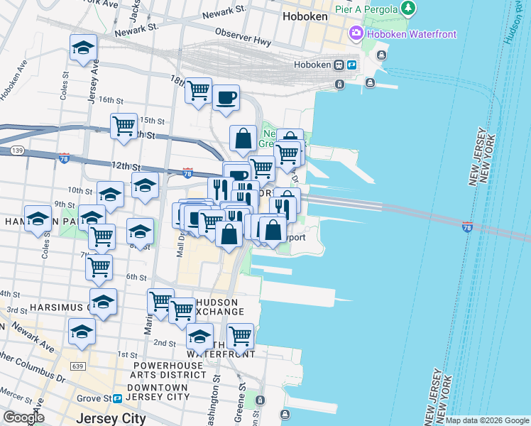 map of restaurants, bars, coffee shops, grocery stores, and more near 540 Washington Boulevard in Jersey City