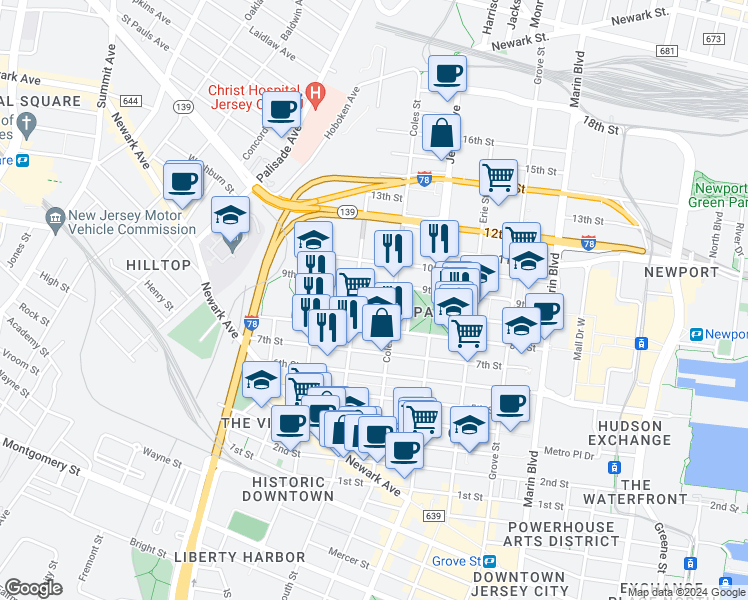 map of restaurants, bars, coffee shops, grocery stores, and more near in Jersey City
