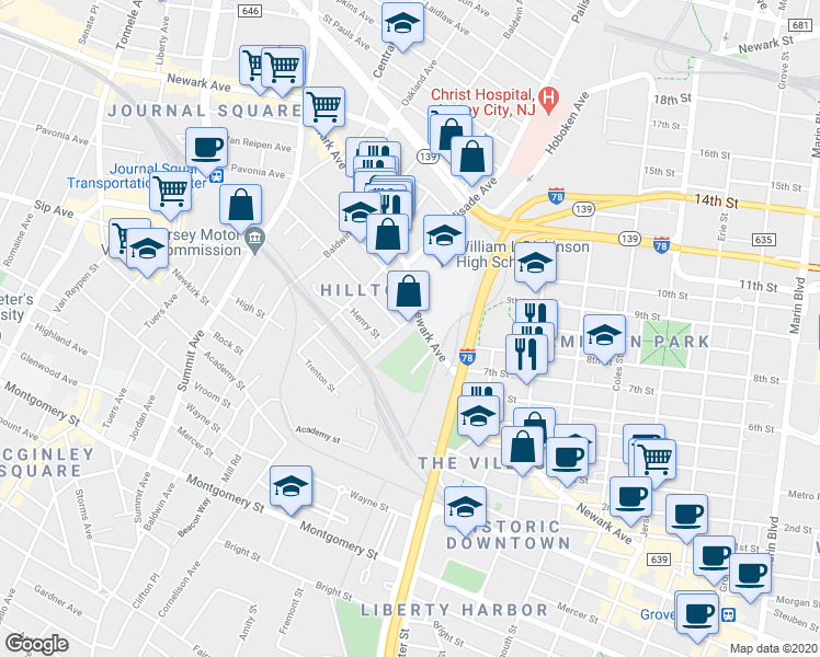 map of restaurants, bars, coffee shops, grocery stores, and more near 108 Waldo Avenue in Jersey City