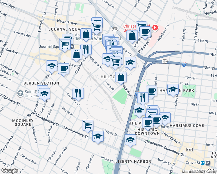 map of restaurants, bars, coffee shops, grocery stores, and more near 11 Henry Street in Jersey City