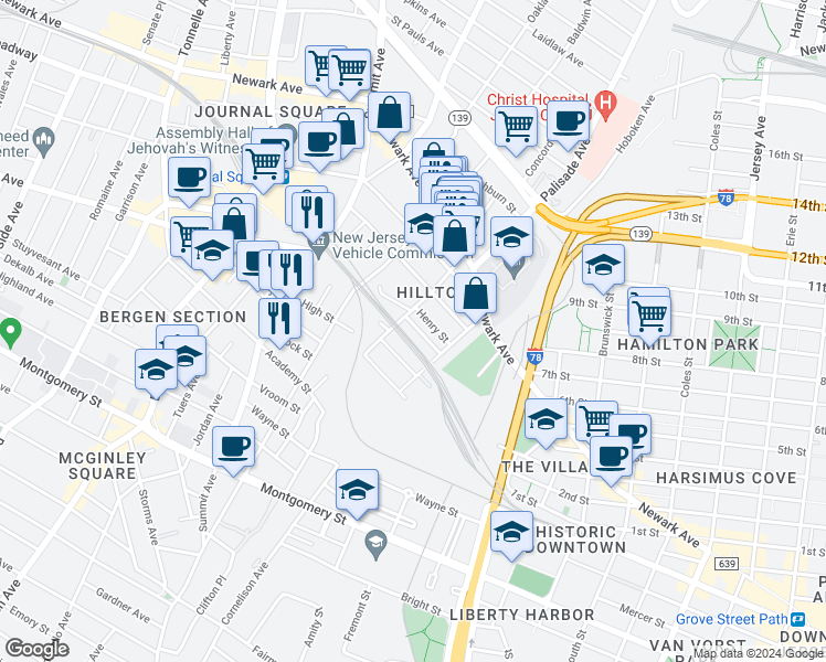 map of restaurants, bars, coffee shops, grocery stores, and more near 39 Alan Terrace in Jersey City