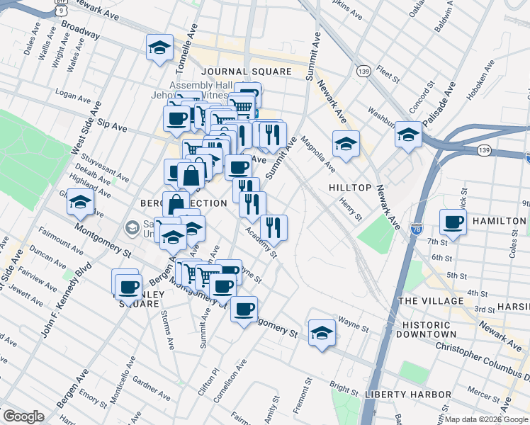 map of restaurants, bars, coffee shops, grocery stores, and more near 32 Rock Street in Jersey City