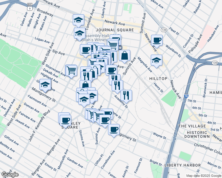 map of restaurants, bars, coffee shops, grocery stores, and more near 221 Academy Street in Jersey City