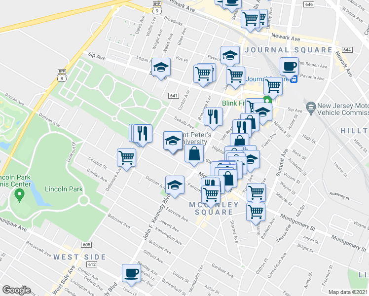 map of restaurants, bars, coffee shops, grocery stores, and more near 98 Glenwood Avenue in Jersey City