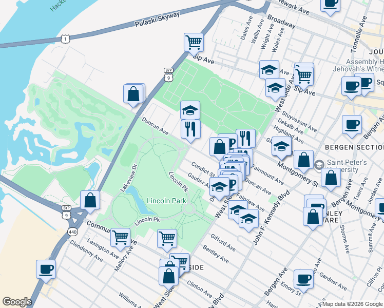 map of restaurants, bars, coffee shops, grocery stores, and more near 251 Duncan Avenue in Jersey City