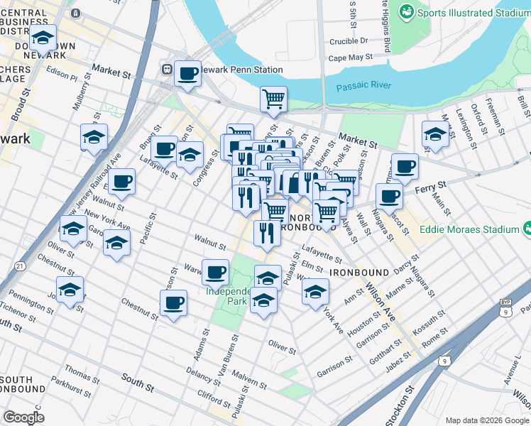 map of restaurants, bars, coffee shops, grocery stores, and more near in Newark