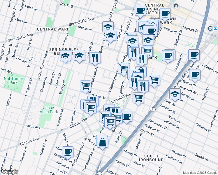 map of restaurants, bars, coffee shops, grocery stores, and more near 490 Washington Street in Newark