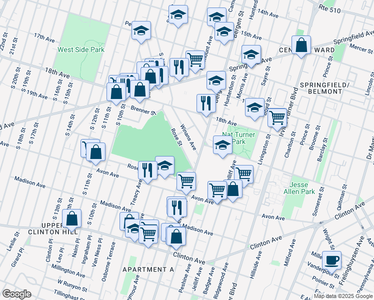 map of restaurants, bars, coffee shops, grocery stores, and more near 217 Rose Street in Newark
