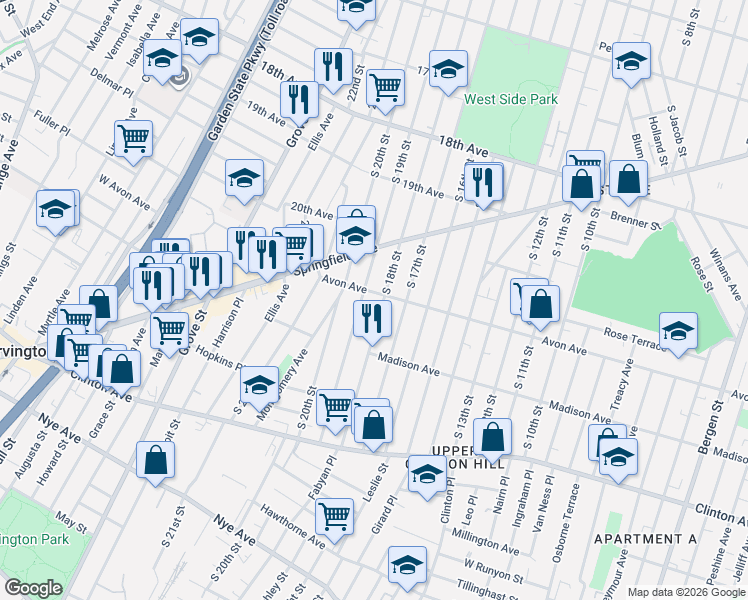 map of restaurants, bars, coffee shops, grocery stores, and more near 812 South 19th Street in Newark