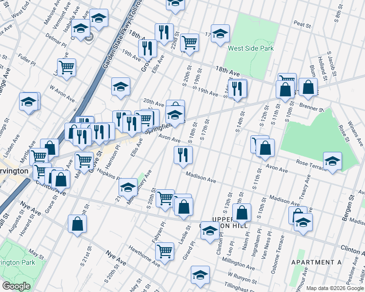 map of restaurants, bars, coffee shops, grocery stores, and more near 812 South 19th Street in Newark