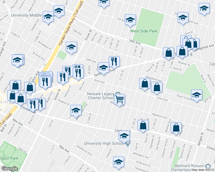 map of restaurants, bars, coffee shops, grocery stores, and more near 812 South 19th Street in Newark