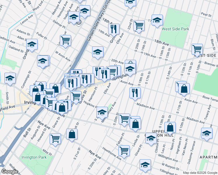 map of restaurants, bars, coffee shops, grocery stores, and more near 441 21st Street in Irvington