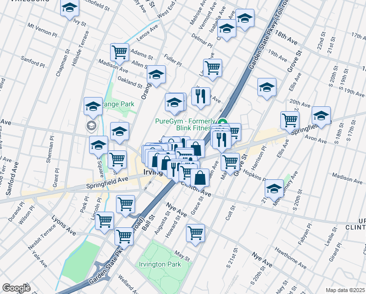 map of restaurants, bars, coffee shops, grocery stores, and more near 57 Washington Avenue in Irvington