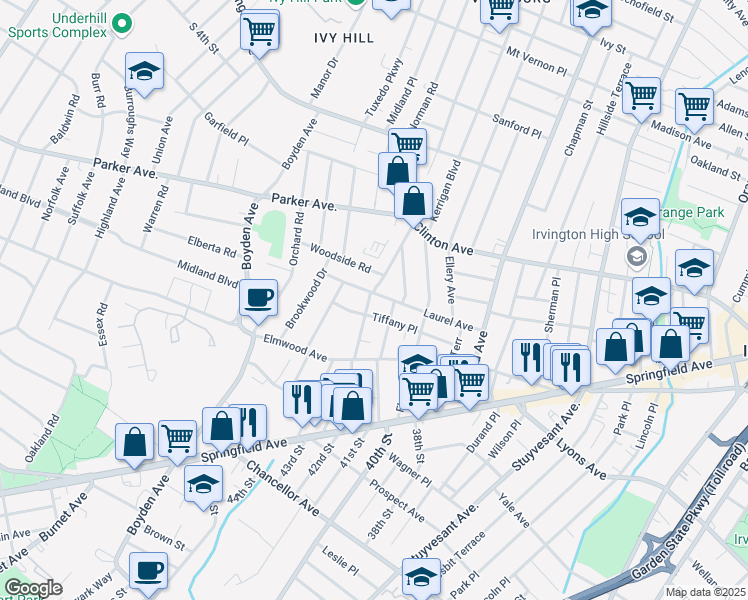 map of restaurants, bars, coffee shops, grocery stores, and more near 195 Laurel Avenue in Irvington