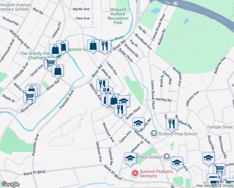 map of restaurants, bars, coffee shops, grocery stores, and more near 24 Aubrey Street in Summit