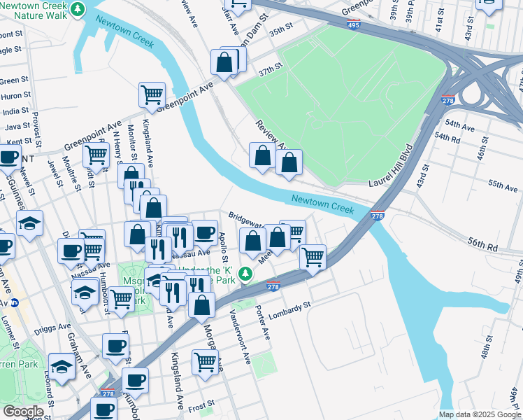 map of restaurants, bars, coffee shops, grocery stores, and more near 42 Bridgewater Street in Brooklyn