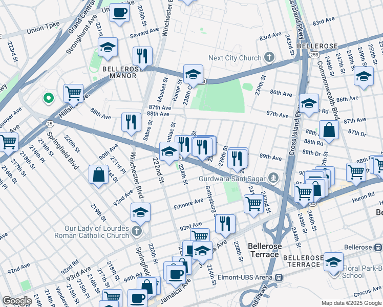 map of restaurants, bars, coffee shops, grocery stores, and more near 235-01 Braddock Avenue in Queens