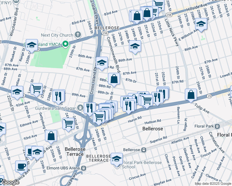 map of restaurants, bars, coffee shops, grocery stores, and more near 247-11 88th Drive in Queens