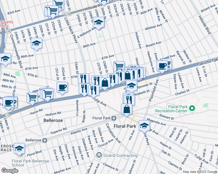 map of restaurants, bars, coffee shops, grocery stores, and more near 119 New York 25 in Floral Park