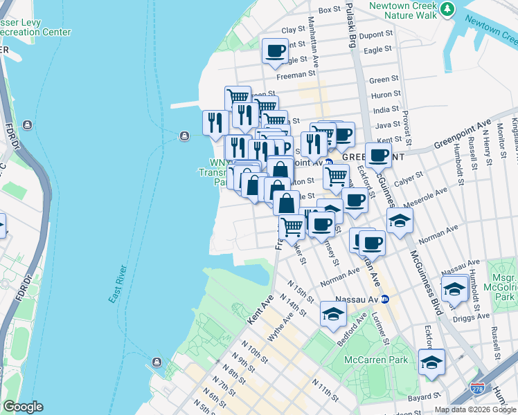 map of restaurants, bars, coffee shops, grocery stores, and more near 42 West Street in Brooklyn