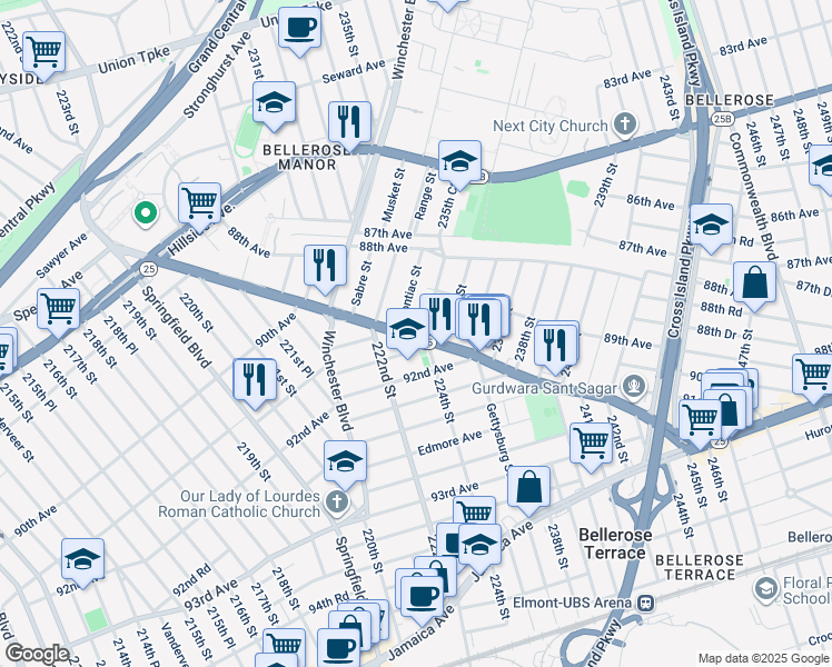 map of restaurants, bars, coffee shops, grocery stores, and more near 89-56 Moline Street in Queens