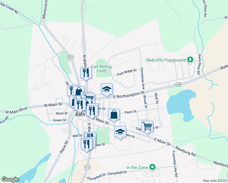 map of restaurants, bars, coffee shops, grocery stores, and more near 235 East Northampton Street in Bath