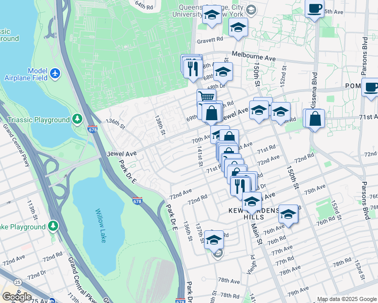 map of restaurants, bars, coffee shops, grocery stores, and more near 137-65 70th Road in Queens