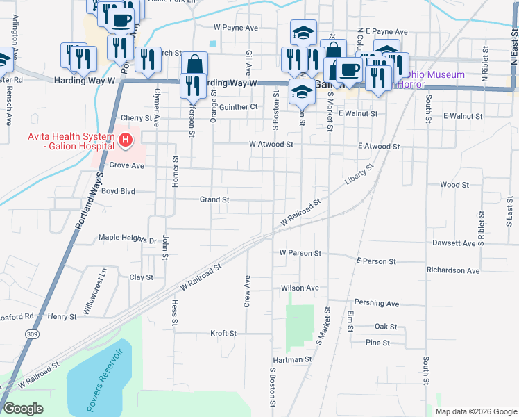 map of restaurants, bars, coffee shops, grocery stores, and more near 425 Grand Street in Galion