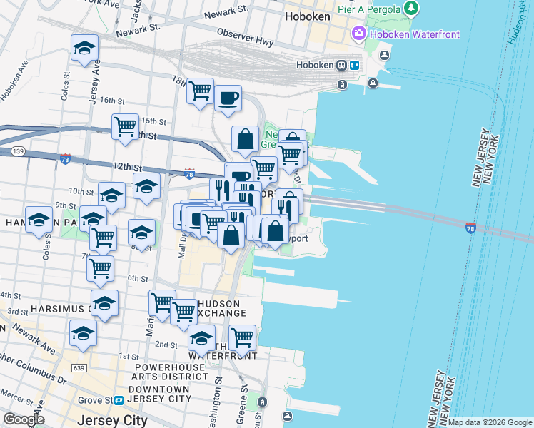 map of restaurants, bars, coffee shops, grocery stores, and more near 540 Washington Boulevard in Jersey City