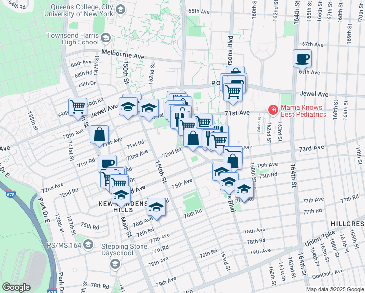 map of restaurants, bars, coffee shops, grocery stores, and more near 153-47 72nd Road in Queens