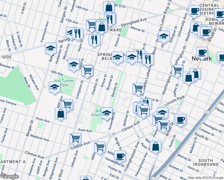 map of restaurants, bars, coffee shops, grocery stores, and more near 151 Spruce Street in Newark