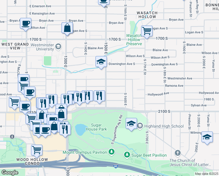 map of restaurants, bars, coffee shops, grocery stores, and more near 1933 1500 East in Salt Lake City