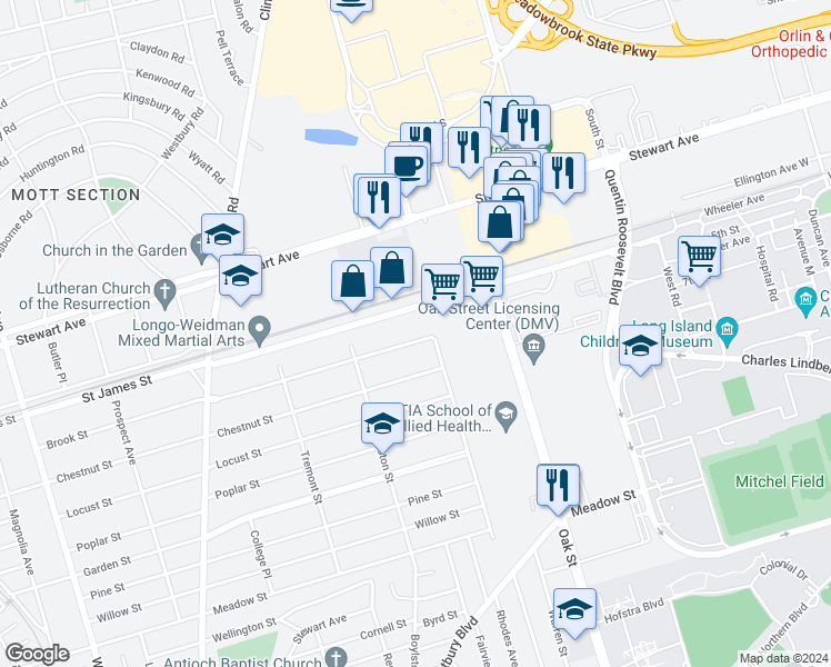 map of restaurants, bars, coffee shops, grocery stores, and more near 169 Brook Street in Garden City