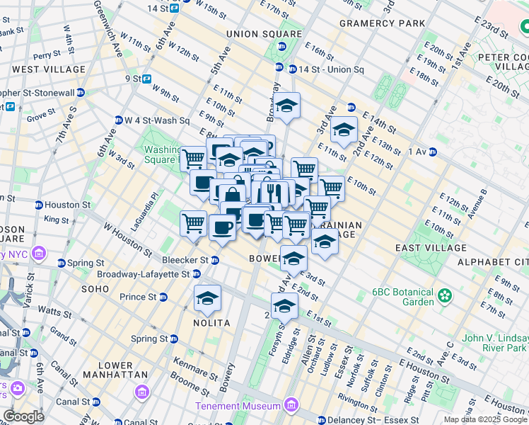 map of restaurants, bars, coffee shops, grocery stores, and more near 30 Cooper Square in New York