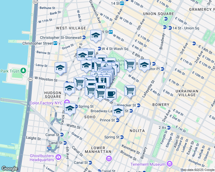 map of restaurants, bars, coffee shops, grocery stores, and more near 510 LaGuardia Place in New York