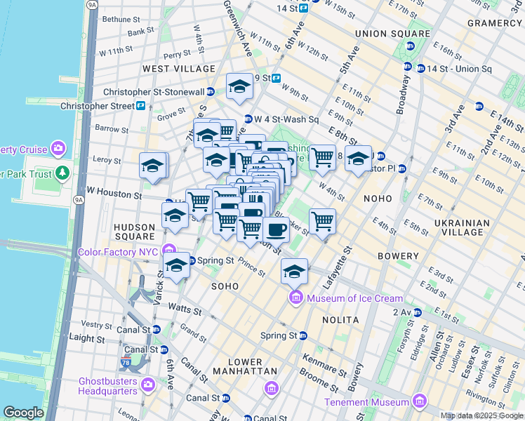 map of restaurants, bars, coffee shops, grocery stores, and more near 145 Bleecker Street in New York