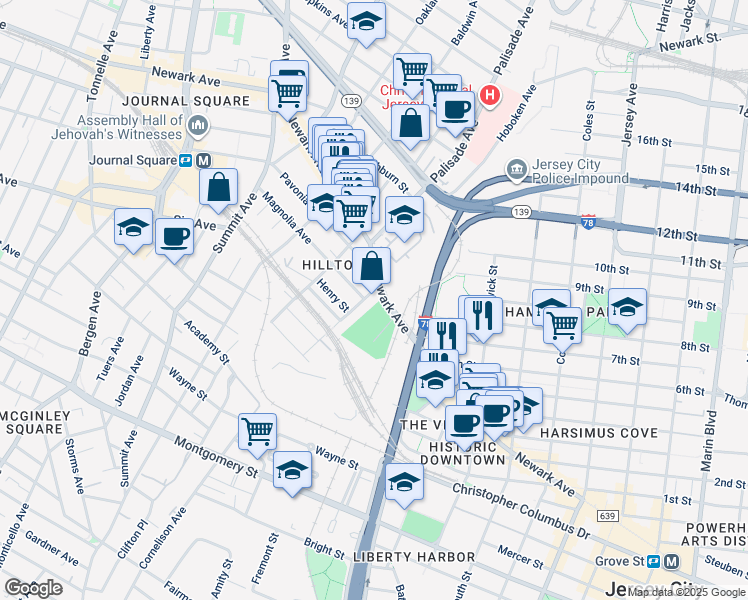 map of restaurants, bars, coffee shops, grocery stores, and more near 108 Waldo Avenue in Jersey City