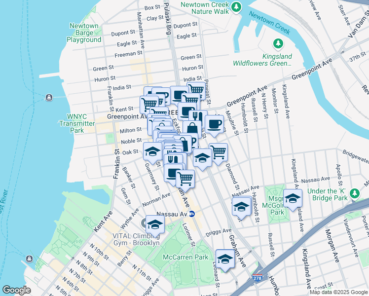 map of restaurants, bars, coffee shops, grocery stores, and more near 261 Eckford Street in Brooklyn