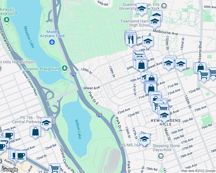 map of restaurants, bars, coffee shops, grocery stores, and more near 69-68 137th Street in Queens