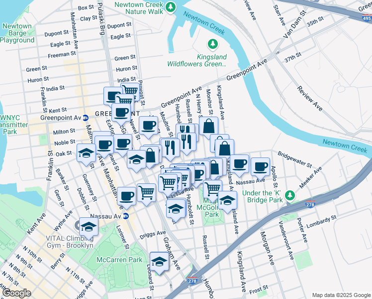map of restaurants, bars, coffee shops, grocery stores, and more near 758 Humboldt Street in Brooklyn