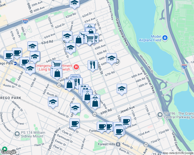 map of restaurants, bars, coffee shops, grocery stores, and more near 105-34 67th Avenue in Queens