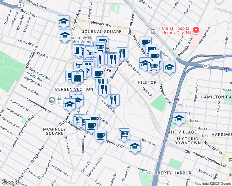 map of restaurants, bars, coffee shops, grocery stores, and more near 173 Baldwin Avenue in Jersey City