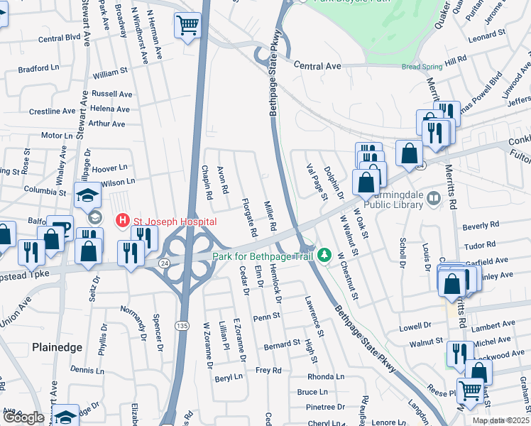 map of restaurants, bars, coffee shops, grocery stores, and more near 3 Andrew Road in Farmingdale