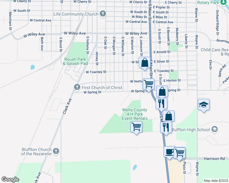 map of restaurants, bars, coffee shops, grocery stores, and more near 498 W Spring St in Bluffton