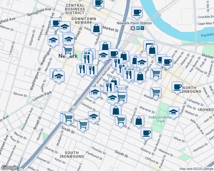 map of restaurants, bars, coffee shops, grocery stores, and more near 23 New York Avenue in Newark