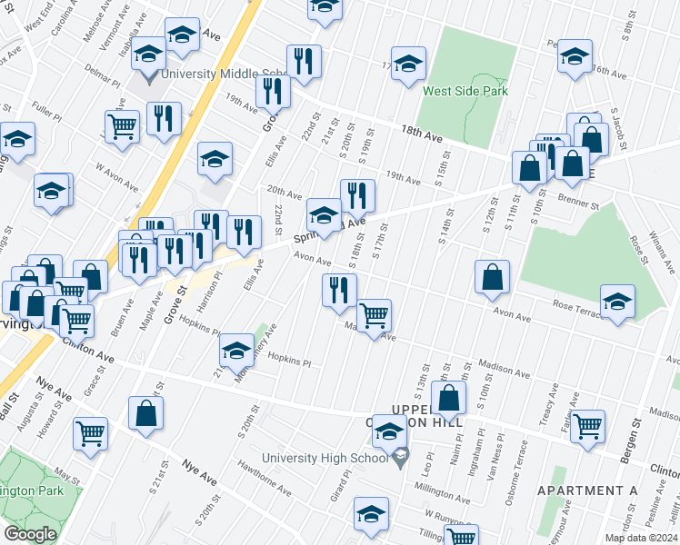map of restaurants, bars, coffee shops, grocery stores, and more near 482 Avon Avenue in Newark