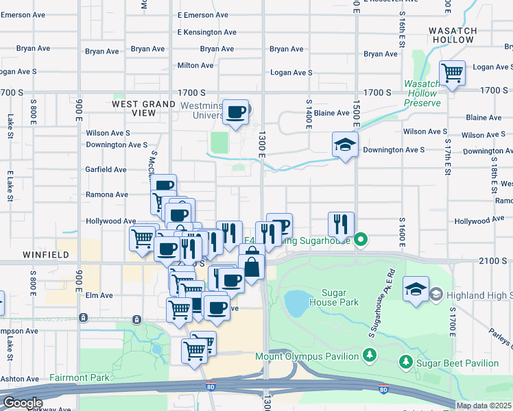 map of restaurants, bars, coffee shops, grocery stores, and more near 1936 South 1300 East in Salt Lake City